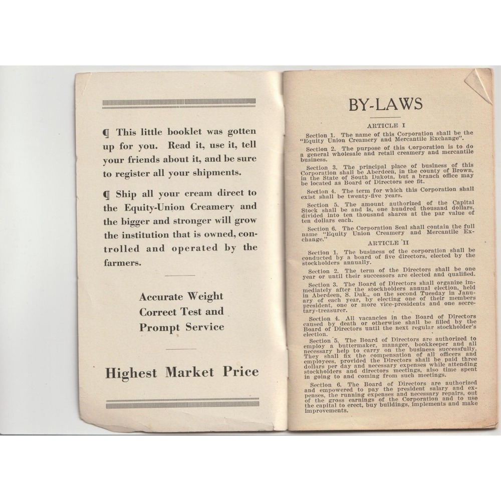 Vintage Equity-Union Creamery Aberdeen South Dakota By-Laws Booklet Illustrated - Picture 2 of 3